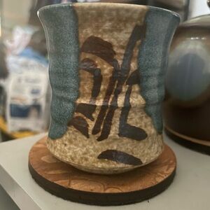 Handcrafted Japanese Glazed Ceramic Teacup in Teal and Brown